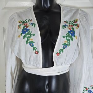 Shein Embroidered wrap Crop Top Long Sleeve Tie‎ Front Peasant Blouse White S